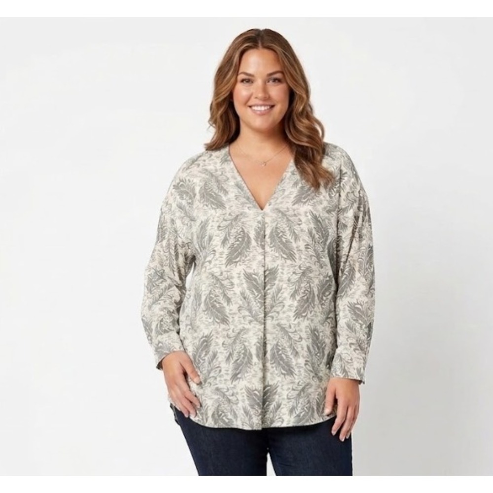 New Alfani Gray White Feather Print V‎ Neck Long Sleeve Tunic 2X Preppy Office